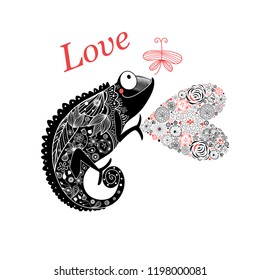 Vector graphic enamored chameleon with a heart and a butterfly on a white background