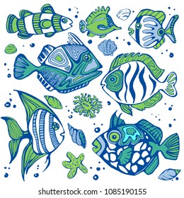 Vector graphic exotic ocean fishes with seashells. Cartoon fish set on white.Set of vector coral reef fish. Cartoon decorative fish illustration