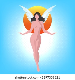 Vector gráfico sin rostro seductor artista hermosa dama ángel con alas y figura preciosa. Fairytale elfo mitológico o hechicería. Fondo azul brillante. Misteriosa chica celestial.