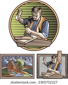 A vector graphic of a farmer producing a barrel showcasing a vintage woodcut design