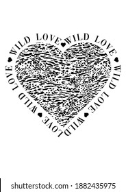 vector graphic for fashion with heart shape filled with leopard pattern, wording and little hearts, beautiful lovely mood