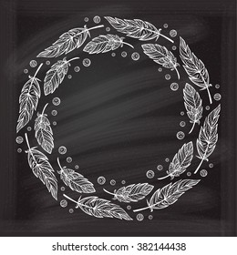 Vector graphic feathers frame on a chalkboard background