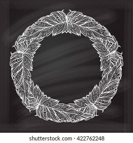 Vector graphic feathers frame on a chalkboard background