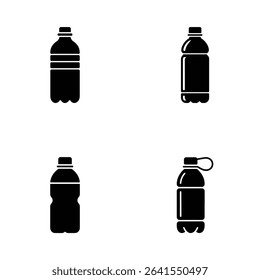 Vector graphic features four different shapes of black water bottles against a crisp white background. The bottles vary in their design and shape.
