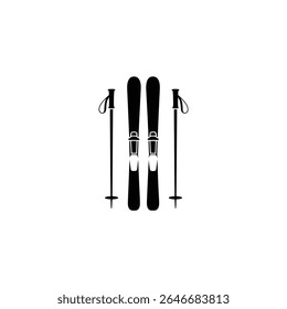 A vector graphic features a pair of black skis standing upright between two ski poles with straps, all set against a stark white backdrop. Isolated winter sport design.