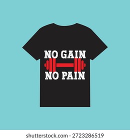 Um gráfico vetorial apresentando uma camiseta preta com a citação motivacional "SEM GANHO SEM DOR" em texto branco, centrado em torno de uma ilustração em barbell vermelho.