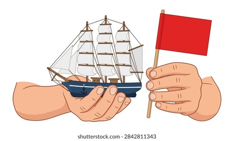 Vector graphic featuring hands holding a vintage tall ship model and a red signaling flag. Includes a blue hull, multiple white sails, and wooden masts. Isolated on a plain background.