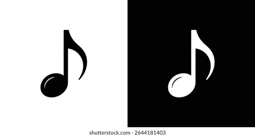 Vector graphic featuring an isolated musical note in two contrasting styles; black on white and white on black. Visual illustration of music in monochrome.
