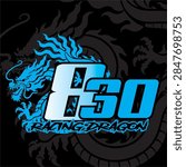 Vector graphic featuring the number 830 and the text "RACING DRAGON," predominantly blue, set against a dragon silhouette background.
