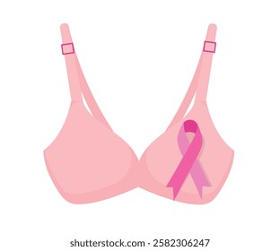 Vector graphic featuring a pink brassiere and pink ribbon symbolizing breast cancer support and women's health awareness.