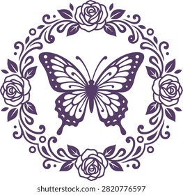 A vector graphic featuring a symmetrical purple butterfly centered within an intricate circular frame composed of blooming roses and elegant leafy vines against a transparent background perfect for wedding invitations greeting cards and decorative stationery projects with a floral aesthetic style.