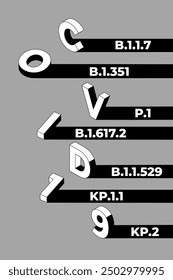 Vector graphic featuring the text COVID 19 with corresponding COVID-19 variant names and codes, such as B.1.1.7, B.1.617.2 and KP.2, integrated into the design.