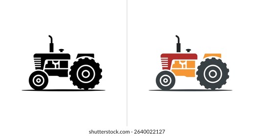 Vector graphic featuring two stylized tractors displayed side-by-side. One tractor is solid black and the other is a color version with red, orange and gray segments.