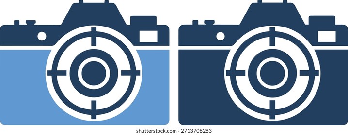 Eine Vektorgrafik mit zwei stilisierten Kamerasymbolen, einem hellblauen und einem dunkelblauen, mit weißen und dunkelblauen Details auf subtilem Farbverlauf-blauem Hintergrund