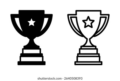 A vector graphic featuring two trophy icons. One is a solid black design, the other is an outline style. Both trophies include a star.