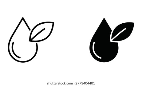 A vector graphic featuring two water drop icons with leaves, one in black and one in outline, symbolizing eco-friendliness and water conservation, suitable for marketing, advertising, and environmental themes.