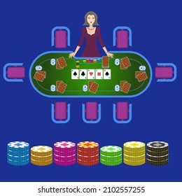 Vector Graphic Of A Female Croupier In A Casino, Playing Cards On The Table