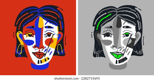 Vector graphic of a female face with endless colour options,  scalable without quality loss. Perfect for versatile and high-quality creative projects.