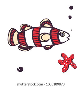 Vector graphic fish with seashell. Cartoon fish.