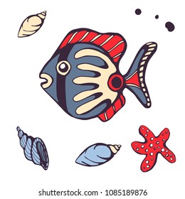 Vector graphic fish with seashell. Cartoon fish.