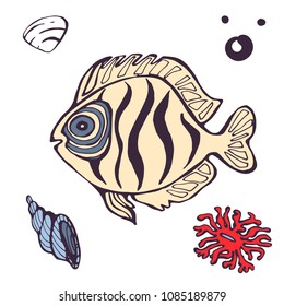 Vector graphic fish with seashell. Cartoon fish.