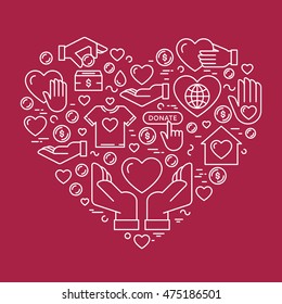 Vector graphic flat icon set for charity donation organization, volunteer center and fundraising event. Clean and simple outline elements, symbols and pictograms in heart form on color background