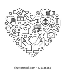 Vector graphic flat icon set for charity donation organization, volunteer center and fundraising event. Clean and simple outline design elements, symbols and pictograms in heart form