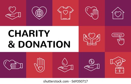 Vector Graphic Flat Icon Set For Charity Donation Organization, Volunteer Center And Fundraising Event. Clean And Simple Outline Design Elements, Symbols And Pictograms On Color Background