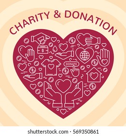 Vector graphic flat icon set for charity organization, fundraising event and volunteer center. Donation design background in heart form. Clean and simple outline concept elements, symbols, pictograms