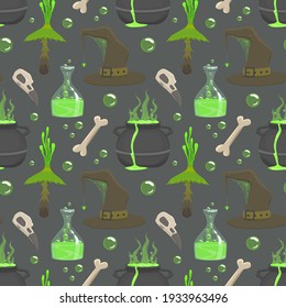 Vector graphic in flat style seamless pattern. Halloween, witch hat with spider, potion in bottle, cauldron for potion, raven skull, poisonous mushroom stock hand drawn color illustration