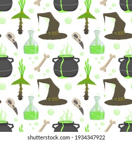 Vector graphic in flat style seamless pattern isolated on white background. Halloween, witch hat with spider, potion in bottle, cauldron for potion, raven skull, poisonous mushroom stock hand drawn.