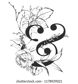 Vector Graphic Floral Alphabet - & ampersand with black & white flowers bouquet composition. Unique collection for wedding invites decoration, logo, baby shower, birthday and many other concept ideas.