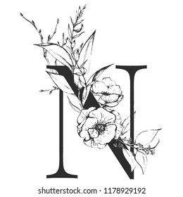 Vector Graphic Floral Alphabet - letter N with black and white flowers bouquet composition. Unique collection for wedding invites decoration, logo, baby shower, birthday and many other concept ideas.