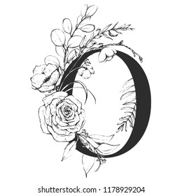 Vector Graphic Floral Alphabet - letter O with black and white flowers bouquet composition. Unique collection for wedding invites decoration, logo, baby shower, birthday and many other concept ideas.
