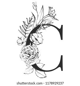 Vector Graphic Floral Alphabet - letter C with black and white flowers bouquet composition. Unique collection for wedding invites decoration, logo, baby shower, birthday and many other concept ideas.