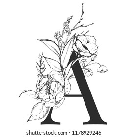 Alfabeto floral gráfico vectorial - letra A con negro 