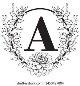 Vector Graphic Floral Alphabet - letter A with black & white inked flowers bouquet composition. Unique collection for wedding invites decoration, logo, baby shower, birthday & many other concept ideas