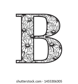 Vector Graphic Floral Alphabet - letter B with black & white inked flowers bouquet composition. Unique collection for wedding invites decoration, logo, baby shower, birthday & many other concept ideas
