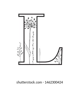 Vector Graphic Floral Alphabet - letter L with black & white inked flowers bouquet composition. Unique collection for wedding invites decoration, logo, baby shower, birthday & many other concept ideas