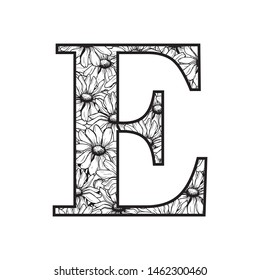 Vector Graphic Floral Alphabet - letter E with black & white inked flowers bouquet composition. Unique collection for wedding invites decoration, logo, baby shower, birthday & many other concept ideas