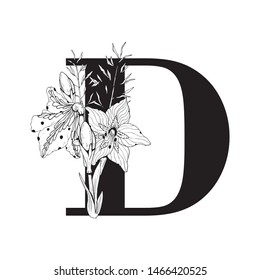 Vector Graphic Floral Alphabet - letter D with black & white inked flowers bouquet composition. Unique collection for wedding invites decoration, logo, baby shower, birthday & many other concept ideas