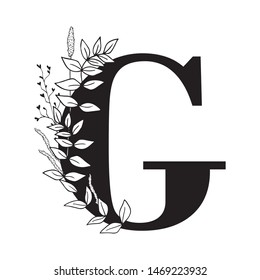 Vector Graphic Floral Alphabet - letter G with black & white inked flowers bouquet composition. Unique collection for wedding invites decoration, logo, baby shower, birthday & many other concept ideas