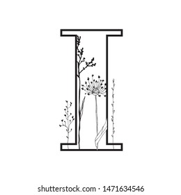 Vector Graphic Floral Alphabet - letter I with black & white inked flowers bouquet composition. Unique collection for wedding invites decoration, logo, baby shower, birthday & many other concept ideas