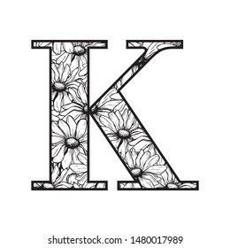 Vector Graphic Floral Alphabet - letter K with black & white inked flowers bouquet composition. Unique collection for wedding invites decoration, logo, baby shower, birthday & many other concept ideas