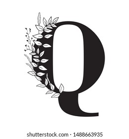 Vector Graphic Floral Alphabet - letter Q with black & white inked flowers bouquet composition. Unique collection for wedding invites decoration, logo, baby shower, birthday & many other concept ideas