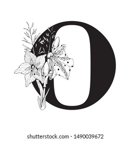 Vector Graphic Floral Alphabet - letter O with black & white inked flowers bouquet composition. Unique collection for wedding invites decoration, logo, baby shower, birthday & many other concept ideas