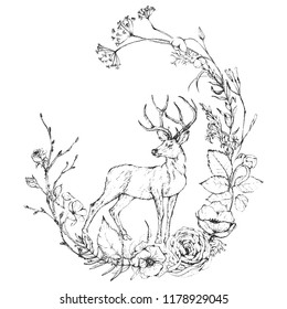 Vector Graphic floral illustration - black & white inked flowers wreath with deer / elk / reindeer for wedding stationary, greetings, wallpapers, fashion, logo, etc. Unique hand-drawn collection.