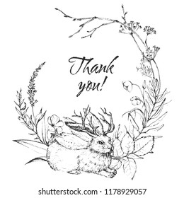 Vector Graphic floral illustration - black & white inked flowers frame / wreath with mythological wolpertinger hare for wedding stationary, greetings, wallpapers, fashion, logo, etc.