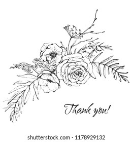 Vector Graphic floral illustration - black & white inked flowers bouquet arrangement for wedding stationary, greetings, wallpapers, fashion, background, logo, etc. Unique hand-drawn collection.