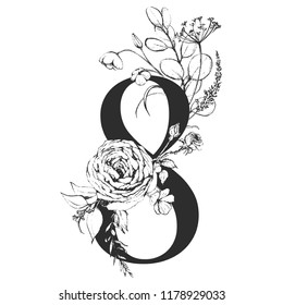 Vector Graphic Floral Numbers - digit 8 with black & white inked flowers bouquet composition. Unique collection for wedding invites decoration, logo, baby shower, birthday & many other concept ideas.